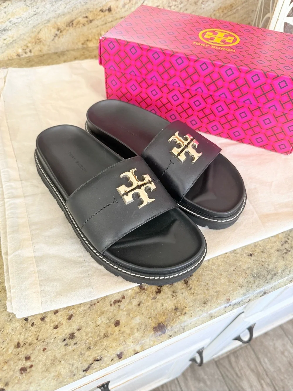 Tory Burch Black Leather Logo Espadrille Flats - Picture 7 of 8